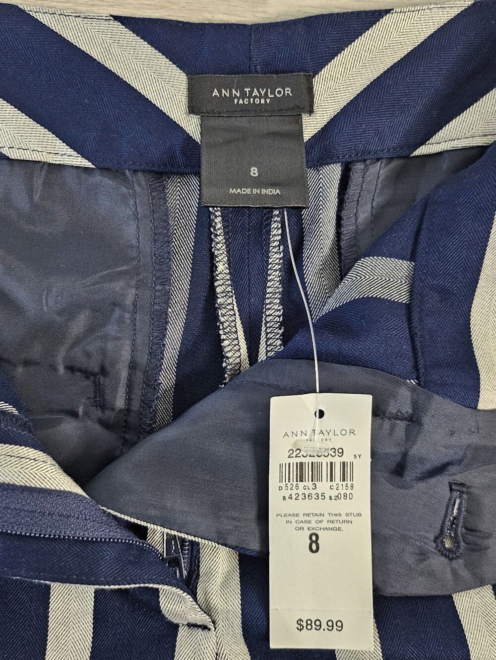 Ann Taylor Factory Dress Pants 8 Navy Light Grey Striped Wide Leg High Rise New - Picture 8 of 14